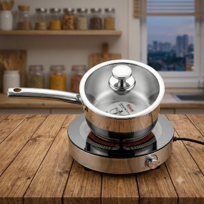 Picture of Kiam Stainless Steel Natural Tri-Ply Milk/Tea Pan With Glass Lid All Cooktops Compatible Non Toxic Sauce Pot with Stay Cool Handle & Dishwasher Safe