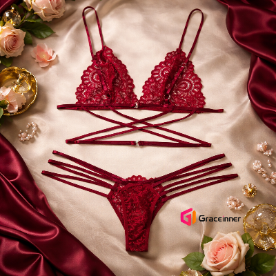 Picture of Girls Back Lace Best Lingerie Set / Hot Beautiful Lace-Up Bra Pant Set