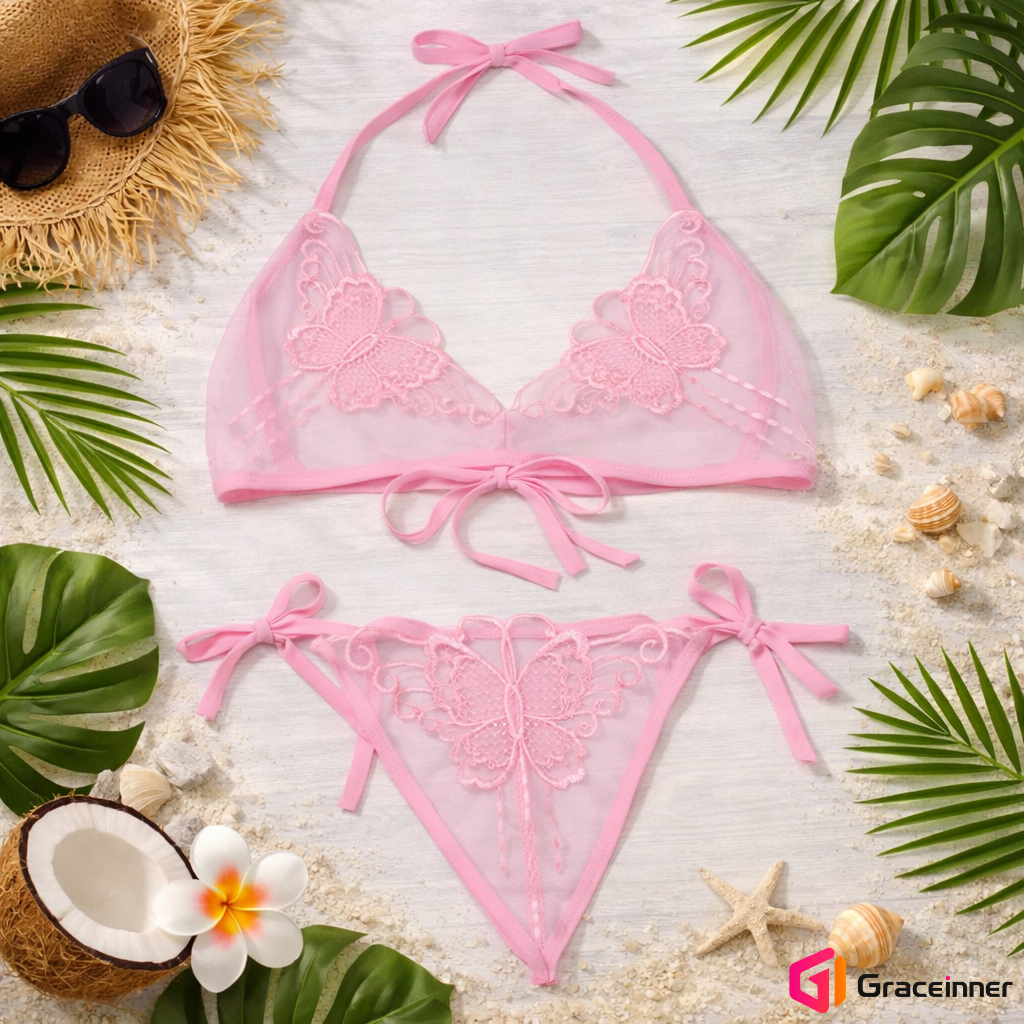 Picture of Butterfly Embroidery C03 Transparent Bra Panty Set / Transparent Lingerie For Women's-Int: One size