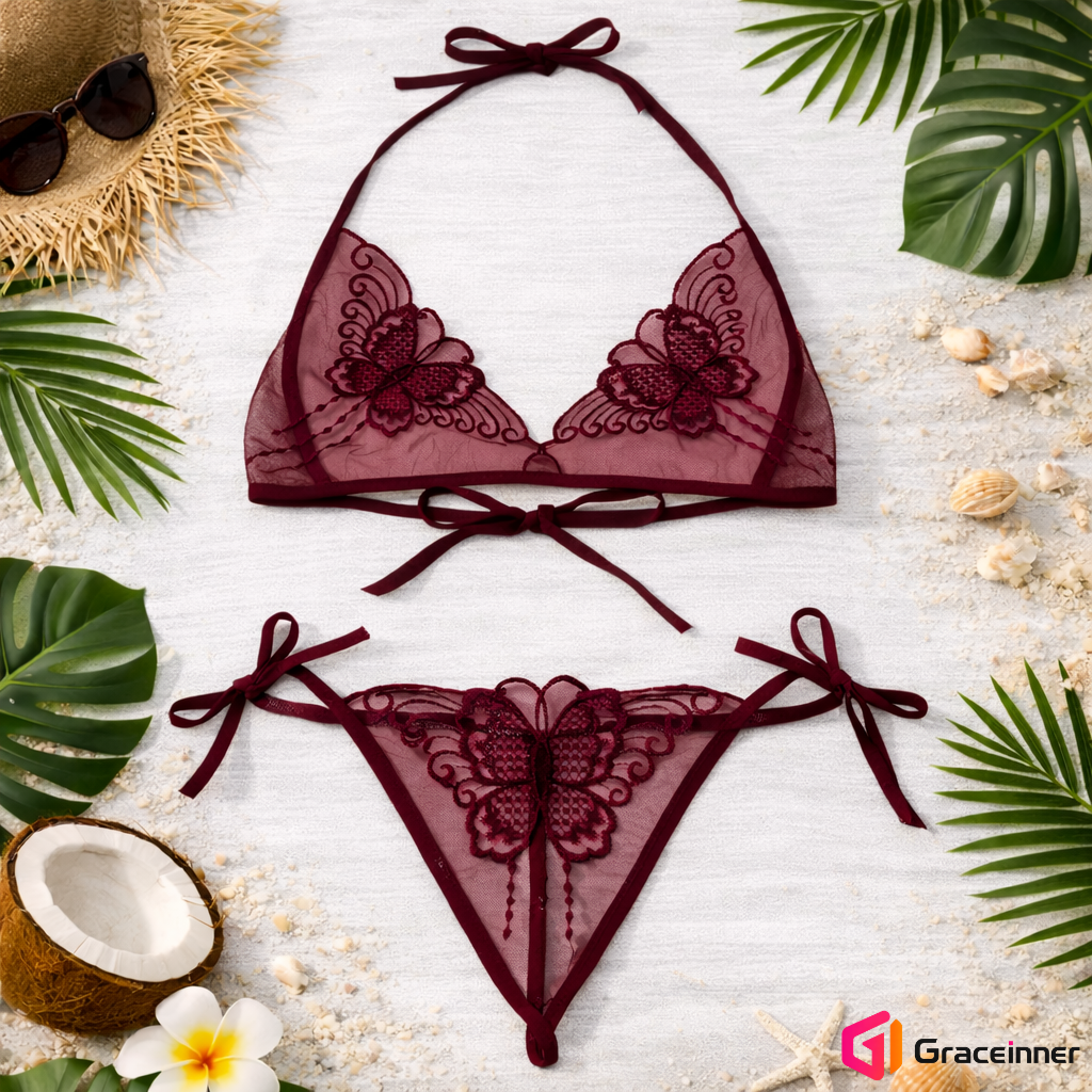 Picture of Butterfly Embroidery C03 Transparent Bra Panty Set / Transparent Lingerie For Women's-Int: One size