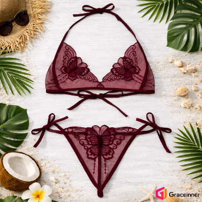 Picture of Butterfly Embroidery C03 Transparent Bra Panty Set / Transparent Lingerie For Women's-Int: One size