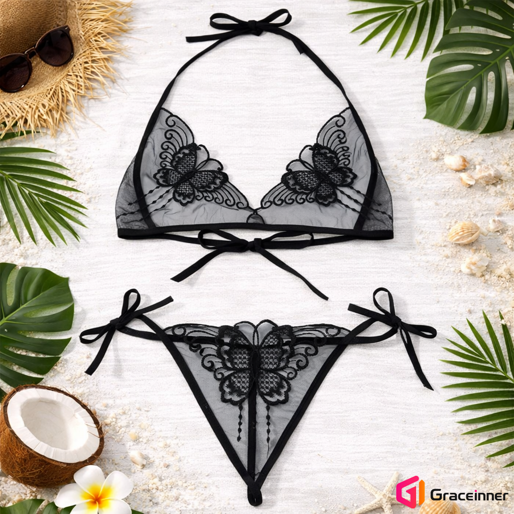 Picture of Butterfly Embroidery C03 Transparent Bra Panty Set / Transparent Lingerie For Women's-Int: One size