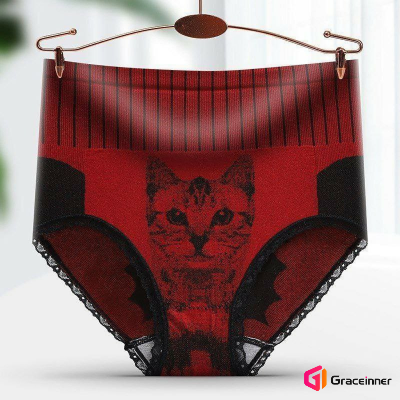 Picture of Women's Panties Hot Cat Head Printed High Waist Underwear Lace Briefs Comfortable Stylish Apparel