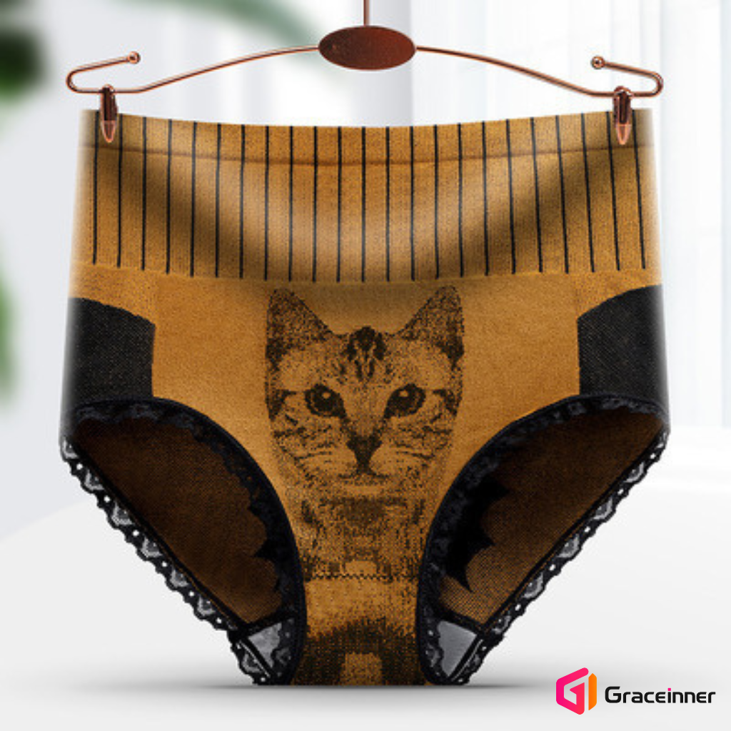 Picture of Women's Panties Hot Cat Head Printed High Waist Underwear Lace Briefs Comfortable Stylish Apparel