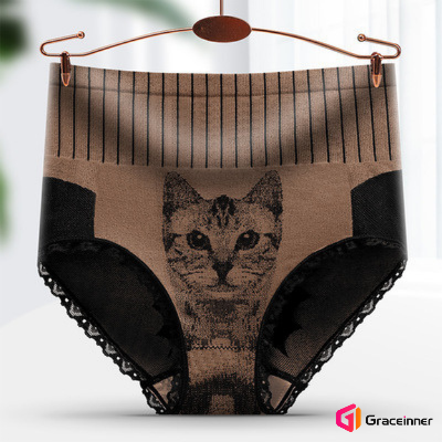 Picture of Women's Panties Hot Cat Head Printed High Waist Underwear Lace Briefs Comfortable Stylish Apparel