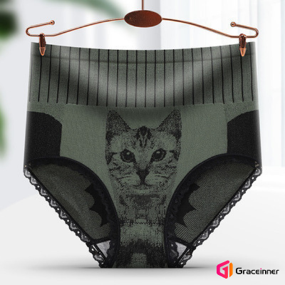 Picture of Women's Panties Hot Cat Head Printed High Waist Underwear Lace Briefs Comfortable Stylish Apparel