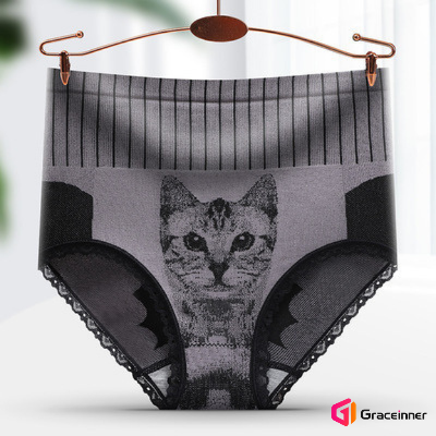 Picture of Women's Panties Hot Cat Head Printed High Waist Underwear Lace Briefs Comfortable Stylish Apparel