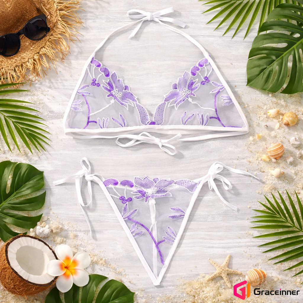Picture of Embroidery C02 Rose Design Transparent Bra Panty Set / Transparent Lingerie For Women's-Int: One size