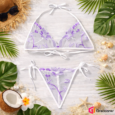 Picture of Embroidery C02 Rose Design Transparent Bra Panty Set / Transparent Lingerie For Women's-Int: One size