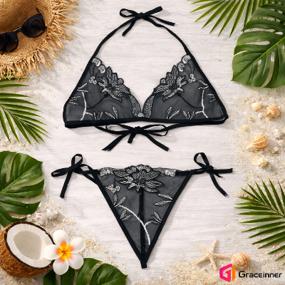 Picture of Embroidery C02 Rose Design Transparent Bra Panty Set / Transparent Lingerie For Women's-Int: One size