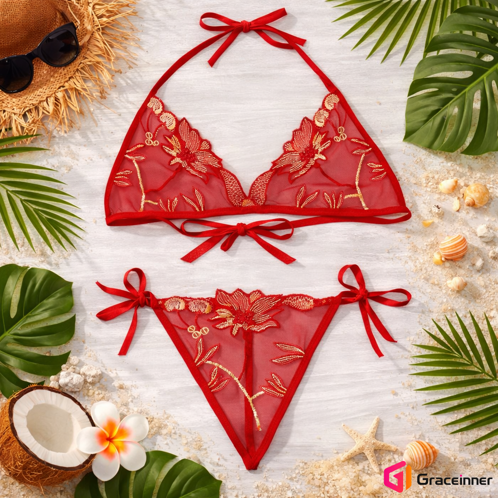 Picture of Embroidery C02 Rose Design Transparent Bra Panty Set / Transparent Lingerie For Women's-Int: One size