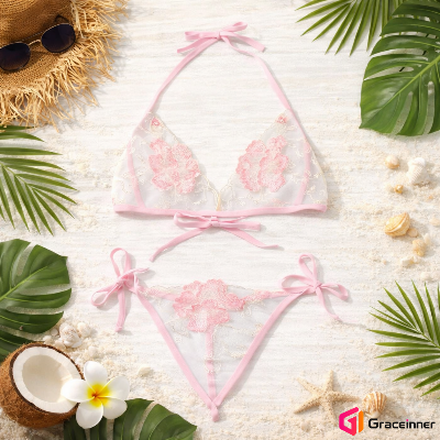 Picture of Garo Rose Embroidery C04 Transparent Bra Panty Set / Transparent Lingerie For Women's-Int: One size
