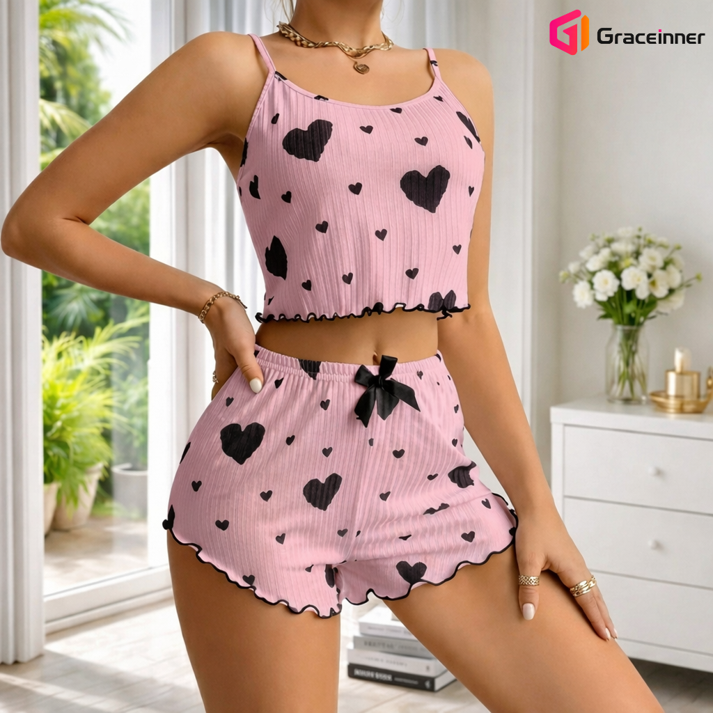 Picture of Women's Summer Heart Print 2PCS Pajama Set | Sleeveless Crop Top & High Waisted Shorts | Honeymoon & Home