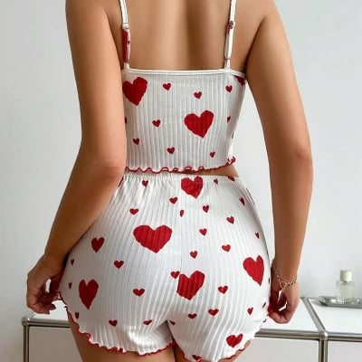 Picture of Women's Summer Heart Print 2PCS Pajama Set | Sleeveless Crop Top & High Waisted Shorts | Honeymoon & Home