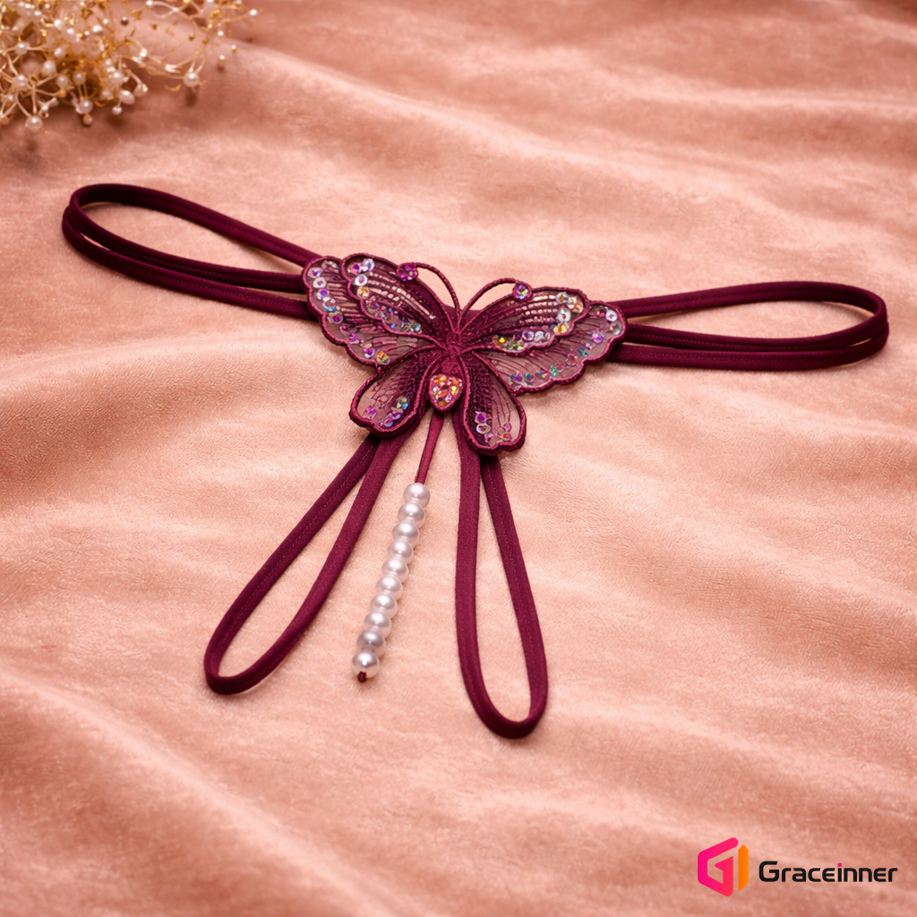 Picture of Butterfly Embroidery Women's Lace G-String Thongs with Pearls - Transparent Nylon/Spandex Lingerie, Pearls Thongs For Women-Int: One size