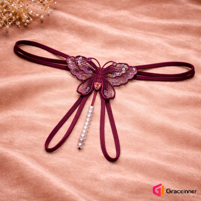 Picture of Butterfly Embroidery Women's Lace G-String Thongs with Pearls - Transparent Nylon/Spandex Lingerie, Pearls Thongs For Women-Int: One size