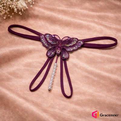 Picture of Butterfly Embroidery Women's Lace G-String Thongs with Pearls - Transparent Nylon/Spandex Lingerie, Pearls Thongs For Women-Int: One size