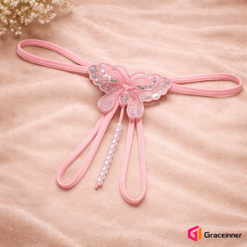 Picture of Butterfly Embroidery Women's Lace G-String Thongs with Pearls - Transparent Nylon/Spandex Lingerie, Pearls Thongs For Women-Int: One size