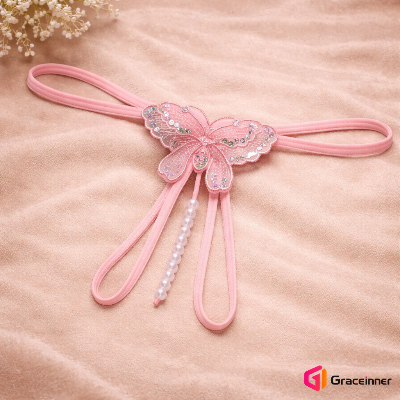 Picture of Butterfly Embroidery Women's Lace G-String Thongs with Pearls - Transparent Nylon/Spandex Lingerie, Pearls Thongs For Women-Int: One size