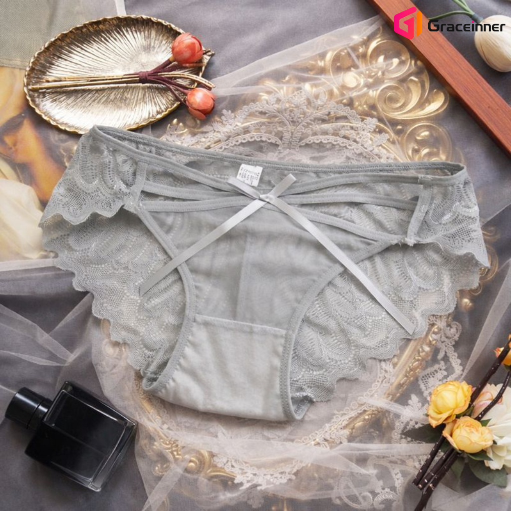 Picture of Women's Seamless Bikini Panties Big Bow Front Embroidery High Quality Breathable Solid Transparent Lace Brief Knitted