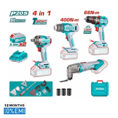 Picture of Total Li-ion Cordless 4 pcs combo kit (Brushless Impact Wrench, Brushless Impact Drill, Heat Gun, Multi-Tool) Model: TOSLI240969