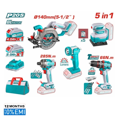 Picture of Total 5 in 1 Combo Set with Circular Saw(140mm) + Compact Drill(66nm) + Impact Driver(285nm) + Lamp + Sander, Model: TOSLI241081