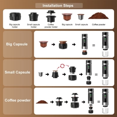 Picture of Portable Smart Coffee Maker (Grind/Big/Small capsule) Hot/Cold water, Removable battery