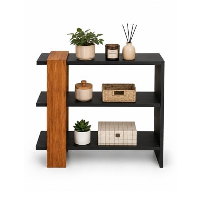 Picture of Wooden Decorative Storage Shelf – Black & Natural Wood Finish-Material: Mahogany Wood-Length: 18 Inches,Width: 16 Inches,Height: 30 Inches