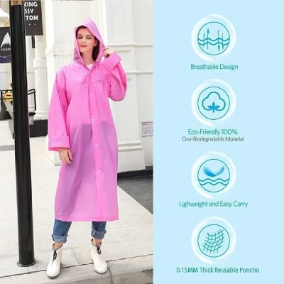 Picture of 1 Pcs Raincoat High Quality Long Rain Coat Lightweight 0.15mm Thick Travel Rain Coat for Men/Women-Pink
