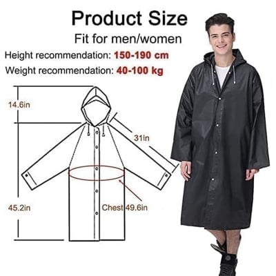 Picture of 1 Pcs Raincoat High Quality Long Rain Coat Lightweight 0.15mm Thick Travel Rain Coat for Men/Women-Black-Black