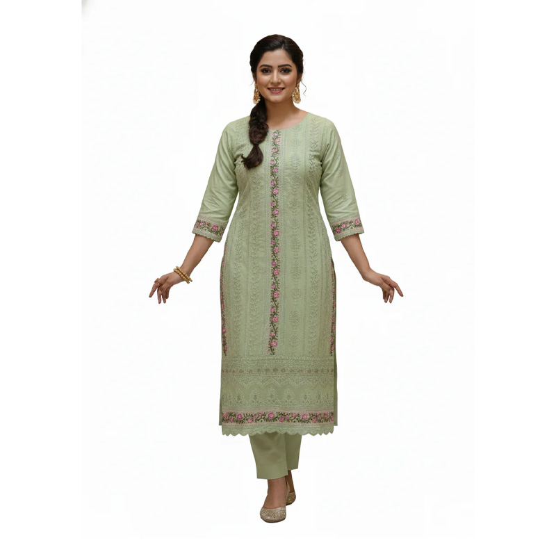 Picture of Premium Georgette Pastel Green Embroidered Kurti Set for Women