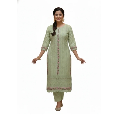 Picture of Premium Georgette Pastel Green Embroidered Kurti Set for Women