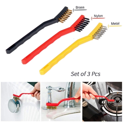 Picture of 3 Pcs Wire Brush Set, Cleaning stove, Tool Kit - Brass, Nylon, Stainless Steel Bristles-Multicolor