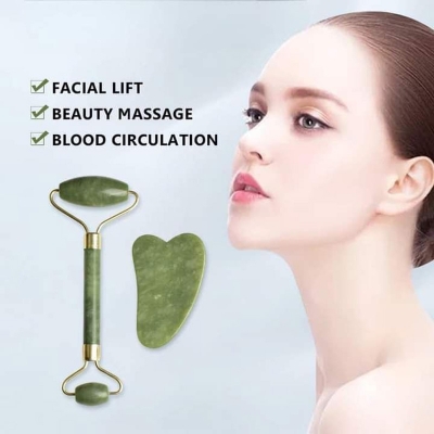 Picture of 2 Pcs Lyria Brand Jade Roller & Guasha,Face Roller, Facial Beauty Roller Skin Care Tools For Anti wrinkle face Body Eyes Neck Massage-Olive