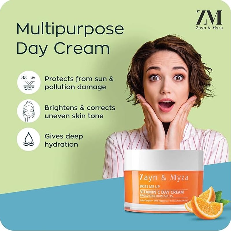 Picture of Z & M Vitamin C Brightening Day Cream | SPF 15 with UVA/UVB Sun Protection | Moisturizer For Glowing skin | Fades Dark Spots | SLS & Paraben Free | For all skin types - 50 gm