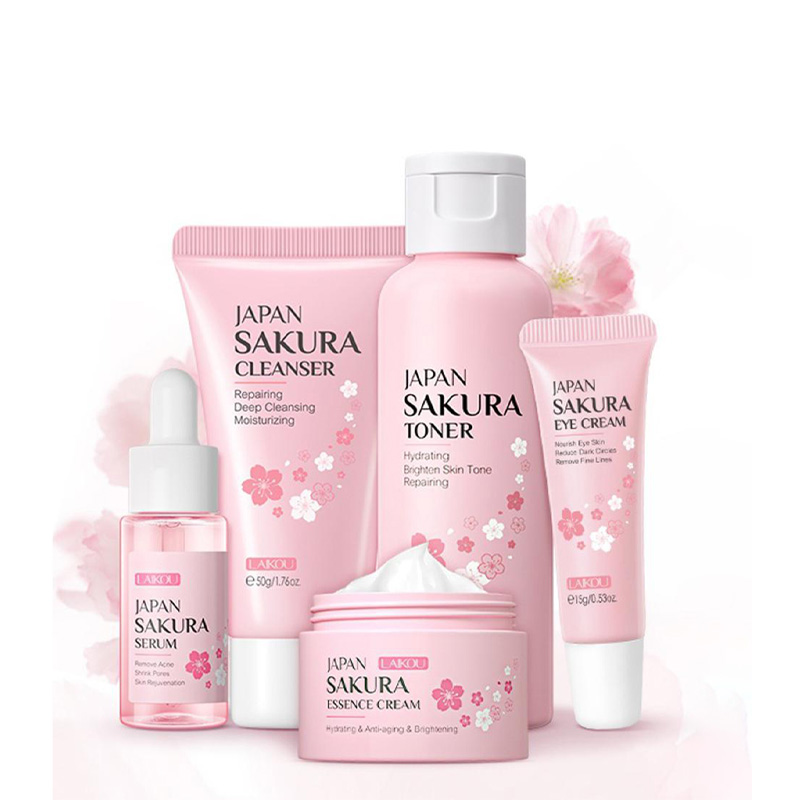 Picture of Laikou Japan Sakura Skin Care Set - 5pcs [serum Cream Toner Eye Cream Cleanser Combo]-Light Pink