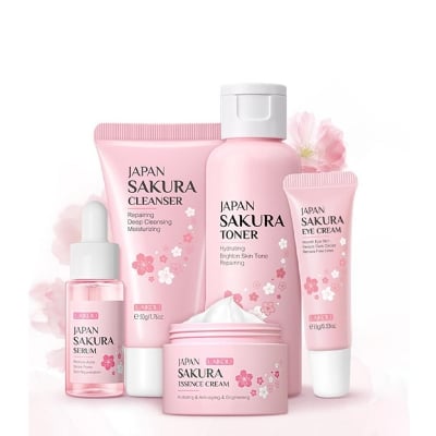 Picture of Laikou Japan Sakura Skin Care Set - 5pcs [serum Cream Toner Eye Cream Cleanser Combo]-Light Pink