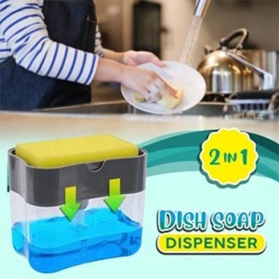 Picture of 2 In1 Kitchen Liquid Soap Pump Dispenser Sponge Holder Press Countertop Rack With Sponge Holder Kitchen Cleaner Tool Gray (Multicolor)