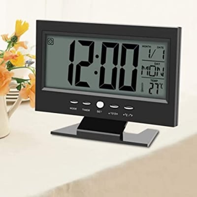 Picture of Digital table clock Voice Control LED Snooze Alarm Clock with Date; Time; Temperature Calendar Automatic Back-light (Multicolor)