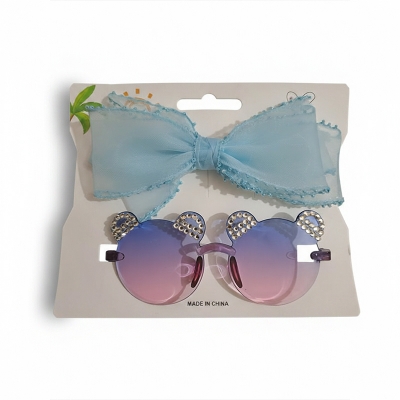 Picture of Stylish Bear Shape Stone Sunglass & Bow Clip Combo (Blue,0-3 years)