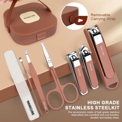 Picture of 7-in-1 Stainless Steel Manicure & Pedicure Kit – Nail Clipper Set for Men & Women with Travel Case, Cuticle & Grooming Tools (Brown)
