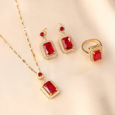 Picture of Double Stone luxury Clavicle Chain Design Neckless for Stylish Girls 100% Color Guarantee (Red Full Set)