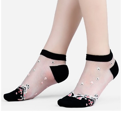 Picture of Flower Style Short Glass Comfortable cotton socks for women (Black,Int: One size)