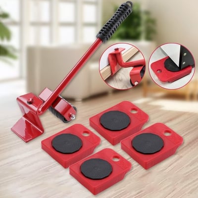 Picture of Furniture Moving Tool Heavy Object Mover Furniture Transport Lifter & Furniture Slides 4 Wheeled Mover Roller+1 Wheel Bar Hand Tools Set (Red)