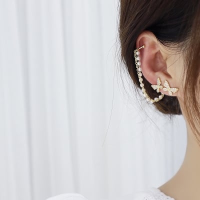 Picture of Korean Elegant Trendy Rhinestone Butterfly Earrings for Girls Stylish and Fashionable (Gold,Adjustable)