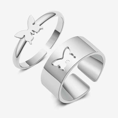 Picture of Butterfly Rings For Women Men Lover Couple Ring Set Open Cuff Engagement Wedding Rings Adjustable - Ring S (Silver,Adjustable)