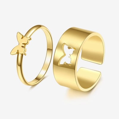 Picture of Butterfly Rings For Women Men Lover Couple Ring Set Open Cuff Engagement Wedding Rings Adjustable - Ring S (Gold,Adjustable)