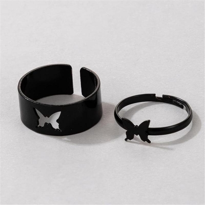 Picture of Butterfly King and Queen Couple Ring Set In Titanium Colour (Black,Adjustable)