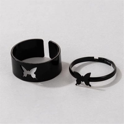 Picture of SDEER 2pcs/set Simple Aolly Heart Moon shape Dolphin Open Rings Set Butterfly Couple Rings Bow Fashion Jewelry (Black,Adjustable)