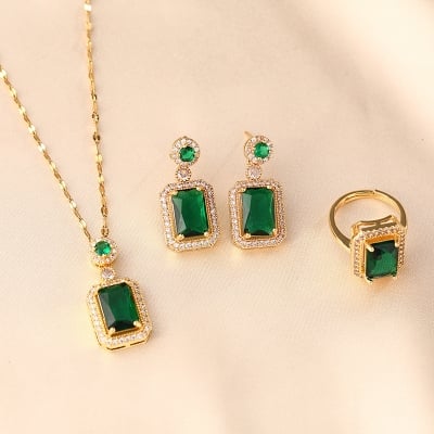 Picture of High Quality Double Stone luxury Clavicle Chain Design Neckless Set (Green Color Full Set)